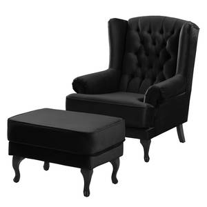 Fauteuil à oreilles Miscol Velours - Noir - Avec repose-pieds