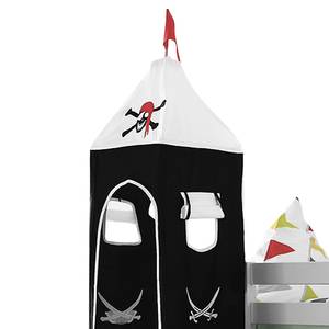 Spielbett Alex Buche massiv - Weiß lackiert - Inklusive Rutsche, Turm & Textilset in schwarz/weiß mit Piraten