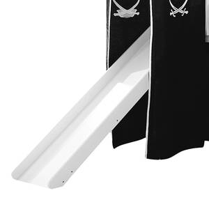 Letto per bambini Alex Legno massello di faggio laccato bianco - Inclusivo di scivolo, torre e set di tessuti in bianco/Nero con fantasia di pirati