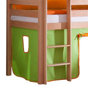 Lit ludique Alex Hêtre massif - Avec toboggan, tour et ensemble de tissus en vert et orange