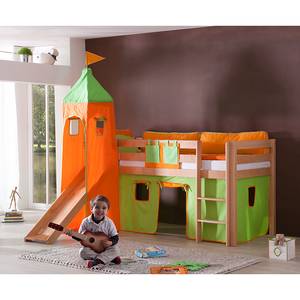 Letto per bambini Eliyas Legno massello di faggio - Con scivolo, torre e accessori in tessuto in verde/arancione