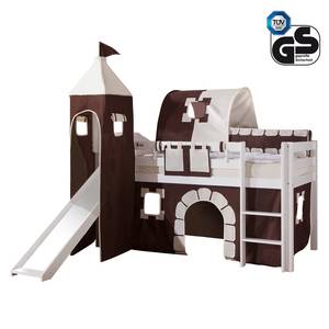 Spielbett Alex mit Rutsche, Vorhang, Turm, 1-er Tunnel und Tasche - Buche weiß/Textil Burg