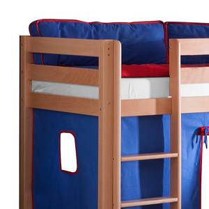 Spielbett Alex mit Rutsche, Vorhang, Turm und Tasche - Buche Natur/Textil Blau-Rot