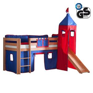 Spielbett Alex mit Rutsche, Vorhang, Turm und Tasche - Buche Natur/Textil Blau-Rot