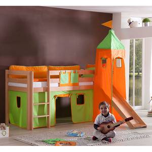 Spielbett Alex mit Rutsche, Vorhang, Turm und Tasche - Buche natur/Textil grün-orange