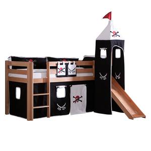 Spielbett Alex mit Rutsche Vorhang, Turm und Tasche - Buche natur/Textil Pirat