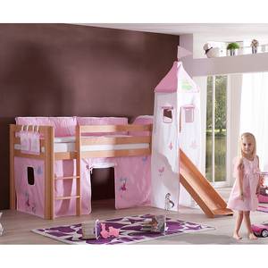 Spielbett Alex mit Rutsche, Vorhang, Turm und Tasche - Buche natur/Textil Princess