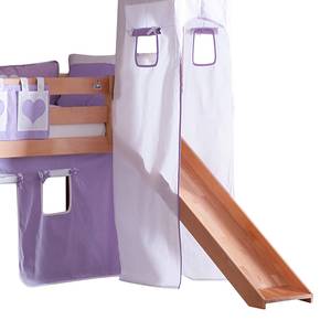 Spielbett Alex mit Rutsche , Vorhang, Turm und Tasche - Buche natur/Textil purple-weiß-herz