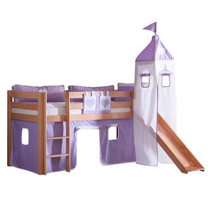 Spielbett Alex mit Rutsche , Vorhang, Turm und Tasche Buche natur/Textil purple-weiß-herz