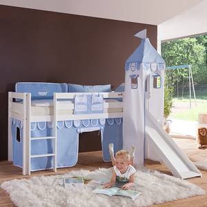 Spielbett Alex met glijbaan, gordijn, toren en tasje - wit beukenhout/textiel - blauw - boy