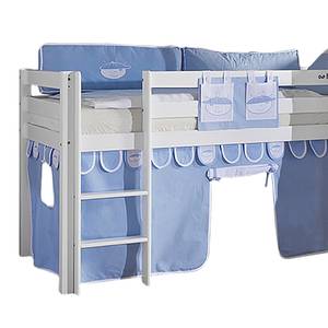 Letto per bambini Alex Con scivolo, tenda, torre e taschino - Faggio bianco/Tessuto azzurro