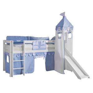 Spielbett Alex mit Rutsche, Vorhang, Turm und Tasche Buche weiß/Textil Blau-Boy