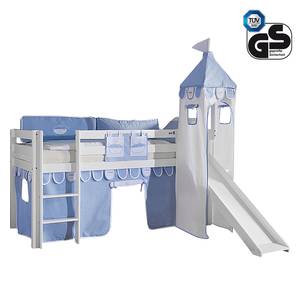 Spielbett Alex mit Rutsche, Vorhang, Turm und Tasche - Buche weiß/Textil Blau-Boy