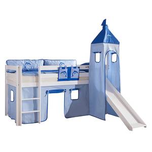 Spielbett Alex mit Rutsche, Vorhang, Turm und Tasche - Buche weiß/Textil blau-delfin