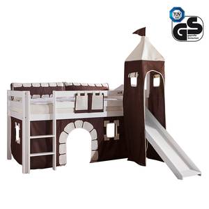 Spielbett Alex mit Rutsche, Vorhang, Turm und Tasche - Buche weiß/Textil Burg
