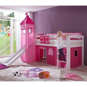 Spielbett Alex mit Rutsche, Vorhang, Turm und Tasche - Buche weiß/Textil pink-herz