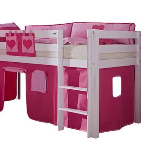 Spielbett Alex mit Rutsche, Vorhang, Turm und Tasche Buche weiß/Textil pink-herz