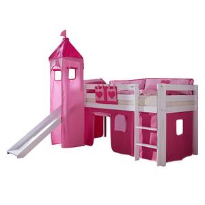 Spielbett Alex met glijbaan, gordijn, toren en tasje - wit beukenhout/textiel - roze - hartjes