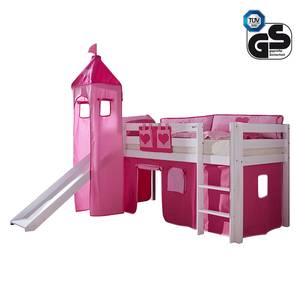 Spielbett Alex met glijbaan, gordijn, toren en tasje - wit beukenhout/textiel - roze - hartjes