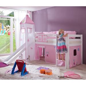 Spielbett Alex mit Rutsche, Vorhang, Turm und Tasche - Buche weiß/Textil Princess