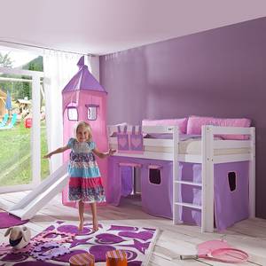Spielbett Alex mit Rutsche, Vorhang, Turm und Tasche Buche weiß/Textil purple-rosa-herz