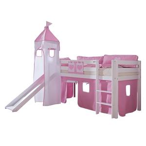 Spielbett Alex mit Rutsche, Vorhang, Turm und Tasche - Buche weiß/Textil rosa-weiß-herz