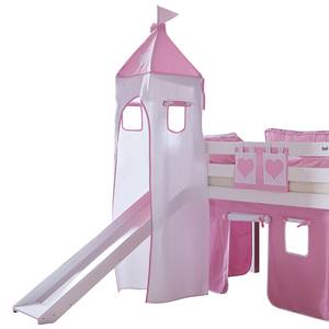 Spielbett Alex mit Rutsche, Vorhang, Turm und Tasche - Buche weiß/Textil rosa-weiß-herz