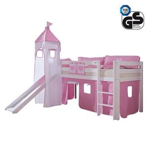 Spielbett Alex mit Rutsche, Vorhang, Turm und Tasche - Buche weiß/Textil rosa-weiß-herz