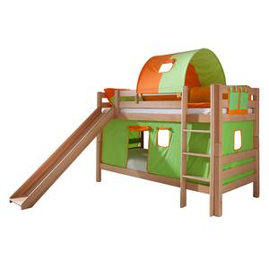 Spielbett Beni Buche massiv Natur lackiert/Textil Grün-Orange mit Rutsche, Vorhang, Tunnel und Tasche