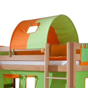 Letto per bambini Beni Legno massello di faggio - Laccato al naturale/Tessuto verde-arancione - Con scivolo, scaffale, tunnel e taschino