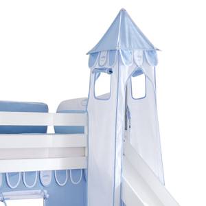 Spielbett Beni mit Rutsche, Vorhang, Turm und Tasche - Buche massiv weiß lackiert/Textil Blau-Boy