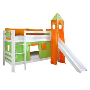 Spielbett Beni mit Rutsche, Vorhang, Turm und Tasche - Buche massiv weiß lackiert/Textil grün-orange