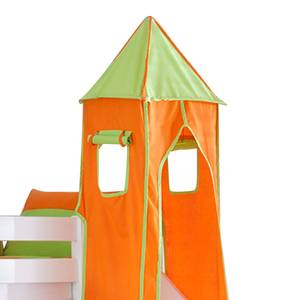 Spielbett Beni mit Rutsche, Vorhang, Turm und Tasche - Buche massiv weiß lackiert/Textil grün-orange