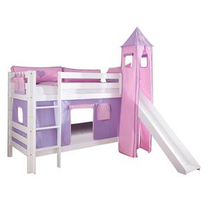 Spielbett Beni mit Rutsche, Vorhang, Turm und Tasche - Buche massiv weiß lackiert/Textil purple-rosa-herz