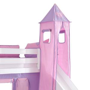 Letto per bambini Beni Con scivolo, tenda, torre e taschino - Faggio massello laccato bianco/Tessuto viola e rosa a cuori