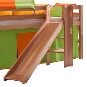 Letto per bambini Eliyas Legno massello di faggio naturale laccato con scivolo e guarnizioni in tessuto verde arancione