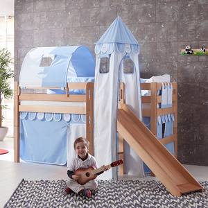 Spielbett Eliyas mit Rutsche, Vorhang, Tunnel, Turm und Tasche - Buche natur/Textil Blau-Boy