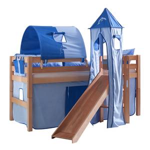 Letto per bambini Eliyas Con scivolo, tenda, tunnel, torre e taschino - Faggio naturale/Tessuto - Blu con motivo a delfino