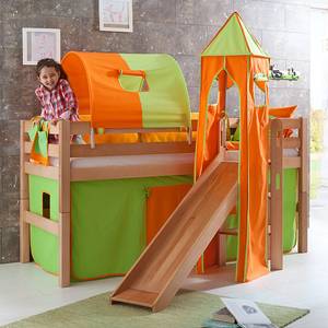 Letto per bambini Eliyas Con scivolo, tenda, tunnel e taschino - Faggio naturale/Tessuto verde-arancione
