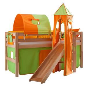 Spielbett Eliyas mit Rutsche, Vorhang, Tunnel, Turm und Tasche - Buche natur/Textil grün-orange