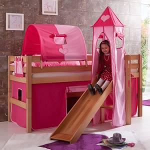 Spielbett Eliyas mit Rutsche, Vorhang, Tunnel, Turm und Tasche - Buche natur/Textil pink-herz