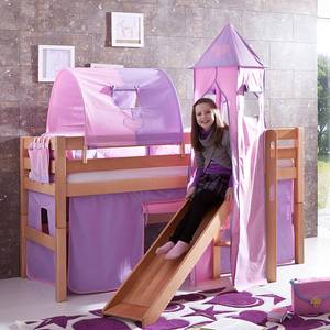 Spielbett Eliyas mit Rutsche, Vorhang, Tunnel, Turm und Tasche Buche natur/Textil purple-rosa-herz