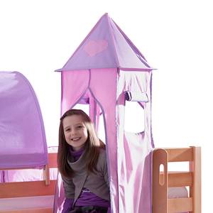Spielbett Eliyas mit Rutsche, Vorhang, Tunnel, Turm und Tasche Buche natur/Textil purple-rosa-herz