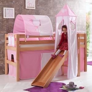 Spielbett Eliyas mit Rutsche, Vorhang, Tunnel, Turm und Tasche - Buche natur/Textil rosa-weiß-herz