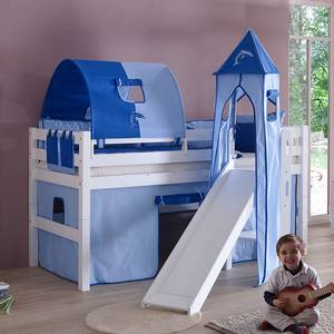 Spielbett Eliyas mit Rutsche, Vorhang, Tunnel, Turm und Tasche - Buche weiß/Textil blau-delfin