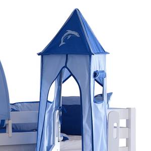 Spielbett Eliyas mit Rutsche, Vorhang, Tunnel, Turm und Tasche - Buche weiß/Textil blau-delfin