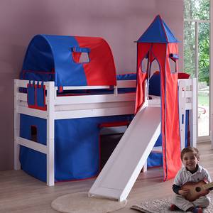 Spielbett Eliyas mit Rutsche, Vorhang, Tunnel, Turm und Tasche - Buche weiß/Textil blau-rot