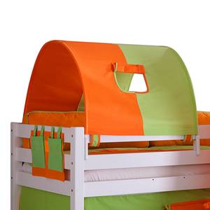 Spielbett Eliyas mit Rutsche, Vorhang, Tunnel, Turm und Tasche - Buche weiß/Textil grün-orange