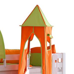 Spielbett Eliyas mit Rutsche, Vorhang, Tunnel, Turm und Tasche - Buche weiß/Textil grün-orange