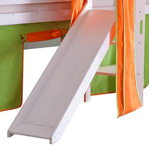 Spielbett Eliyas mit Rutsche, Vorhang, Tunnel, Turm und Tasche - Buche weiß/Textil grün-orange